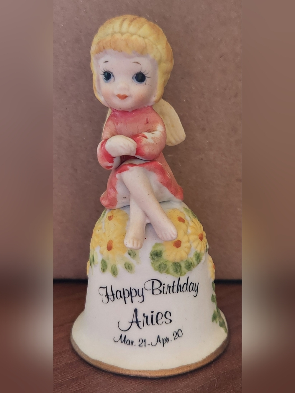 Vintage Zodiac Aries Pixie Fairy Angel Happy Birthday Figural Bell 4" Ceramic
